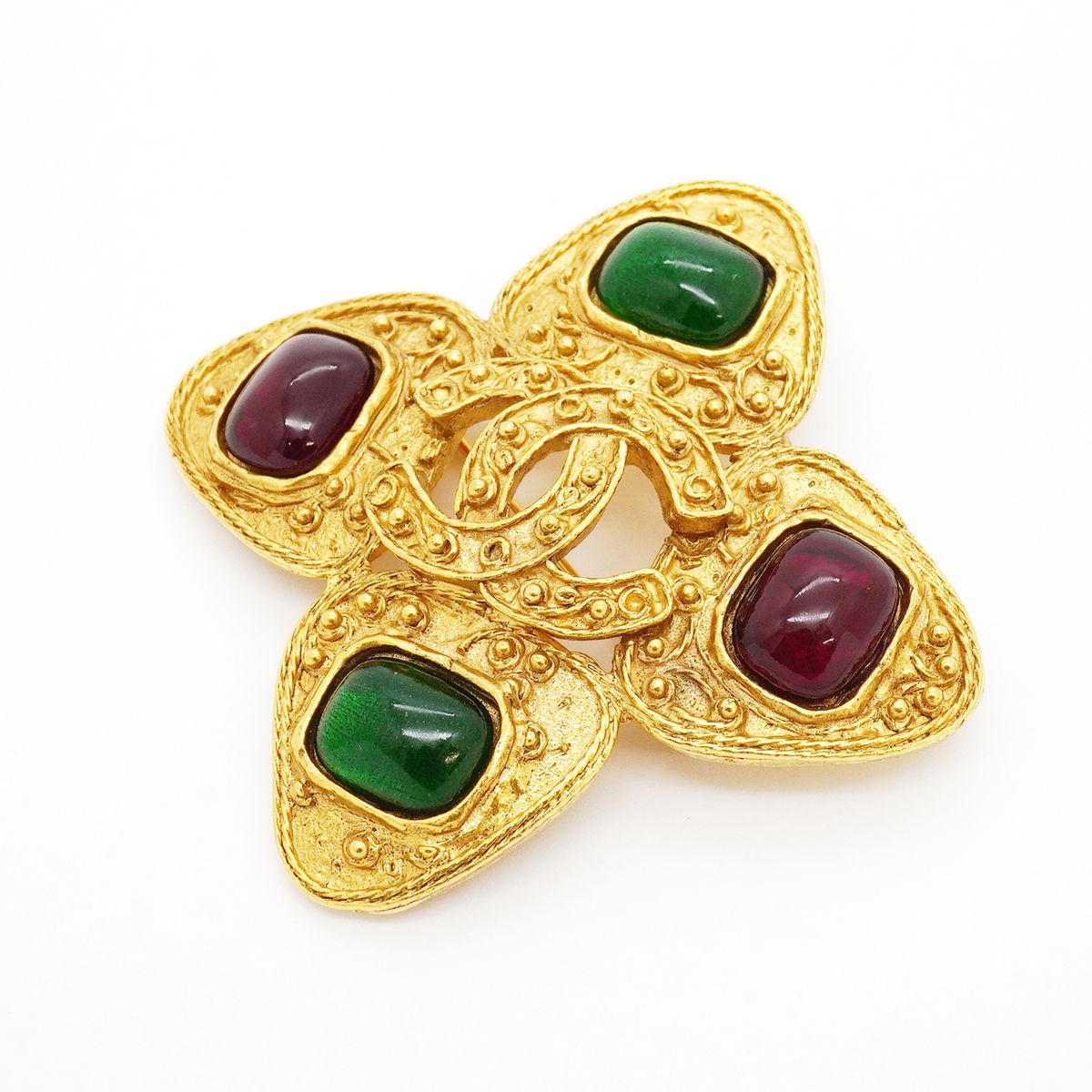 Chanel Brooch Vintage CC Logo Gold Plated Gripoix Green Red — view 2