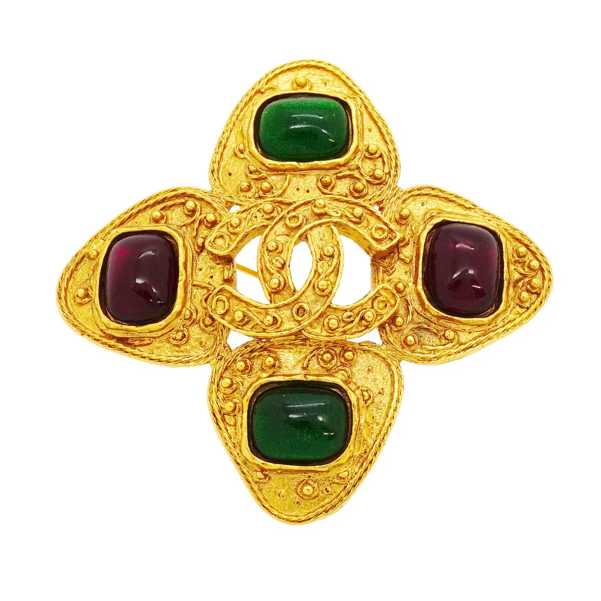 Chanel Brooch Vintage CC Logo Gold Plated Gripoix Green Red