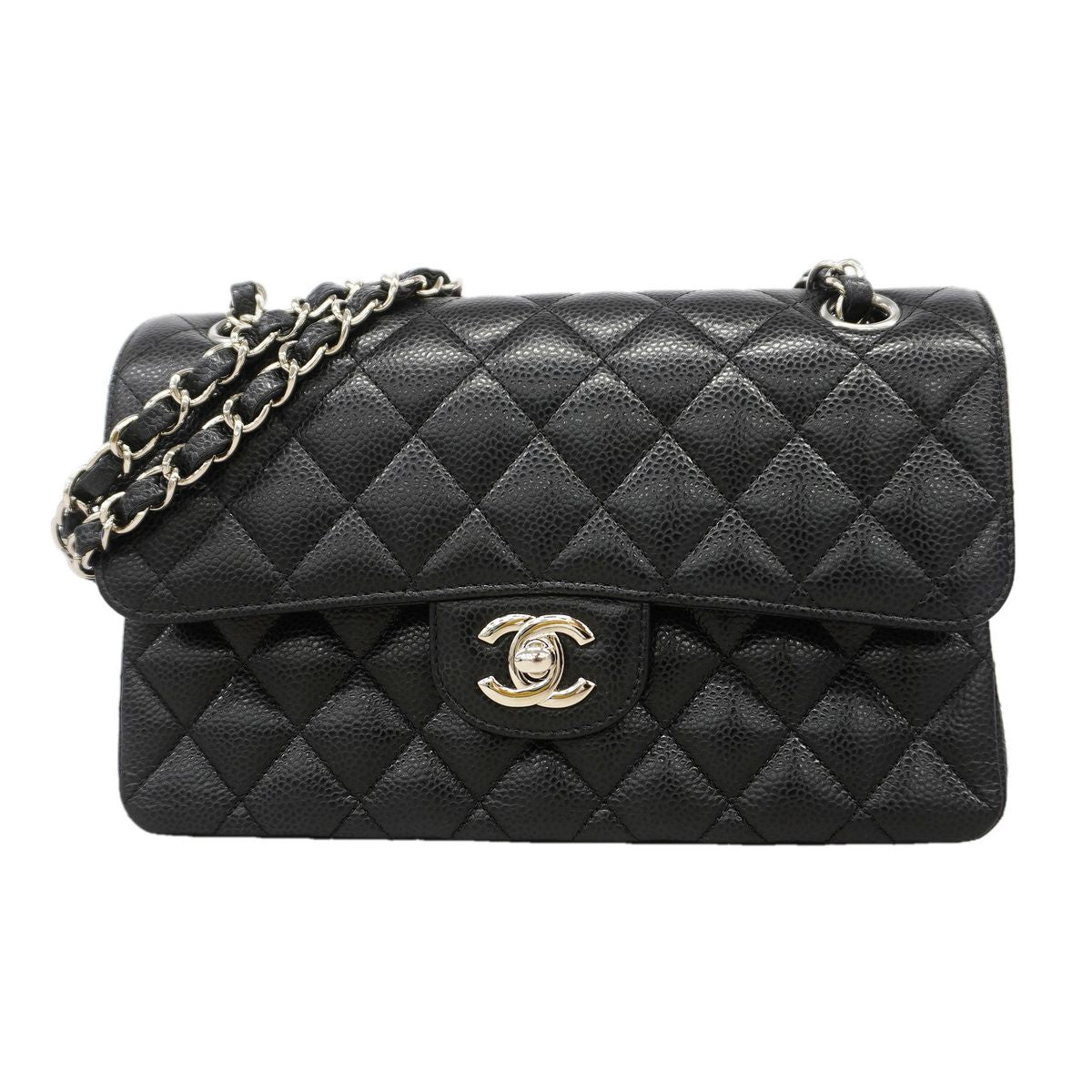 Chanel Shoulder Bag Quilted Caviar Leather Black Silver