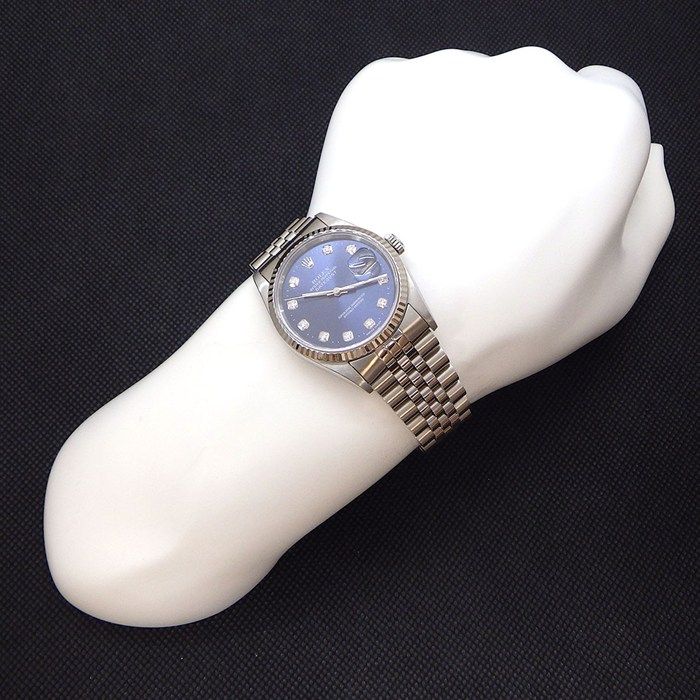 Rolex Watch Datejust Diamond Index Sunray Blue Dial Date 18k White Gold SS — view 8