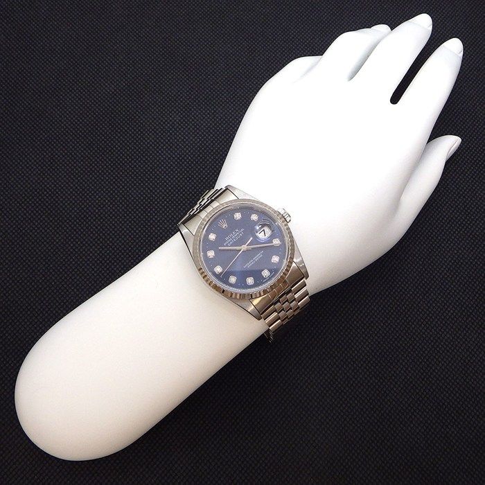 Rolex Watch Datejust Diamond Index Sunray Blue Dial Date 18k White Gold SS — view 7