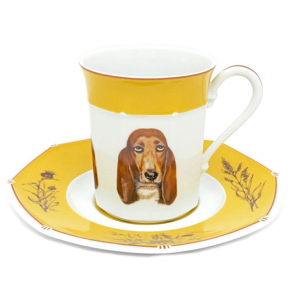 Hermes Tea Cup & Saucer Bazett Hound Chasse Yellow Coffee C&s Ceramics Dog