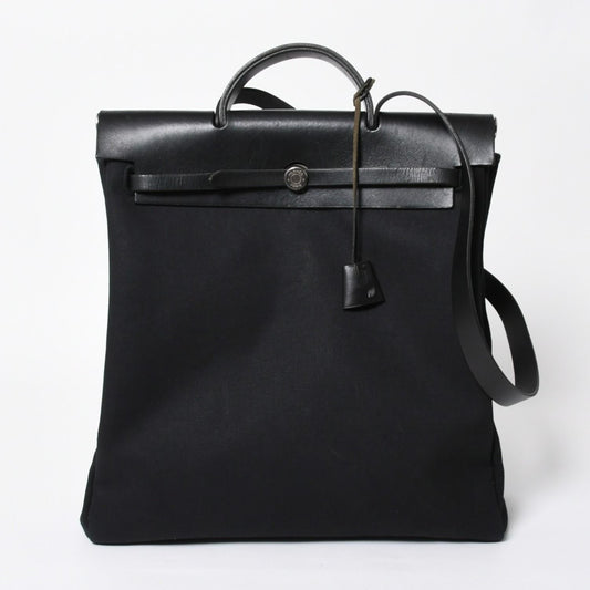 Hermes Herbag MM 2-Way Shoulder Bag Toile Calfskin Black Silver