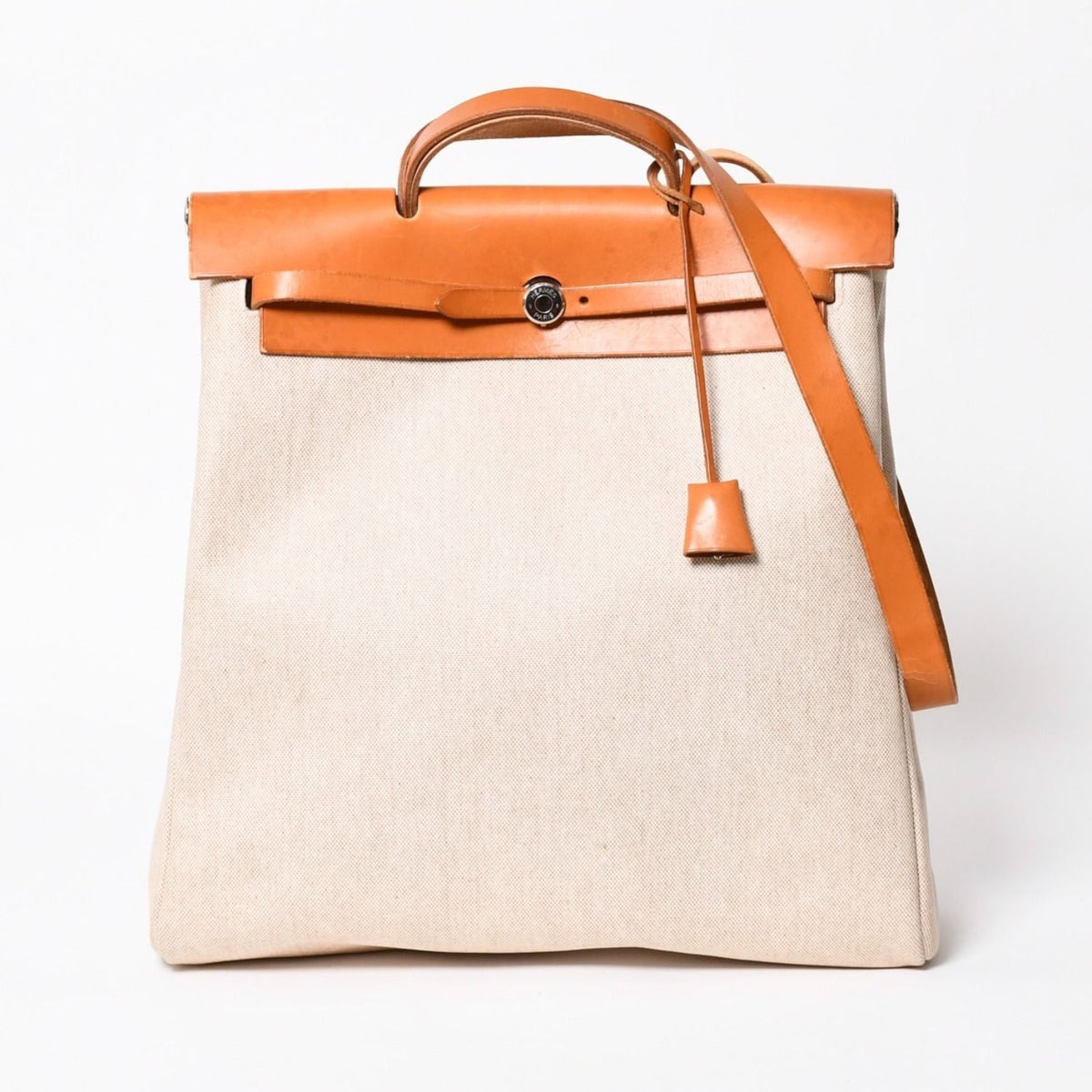 Hermes Herbag MM Toile H Box Calf Brown Beige Silver Handbag