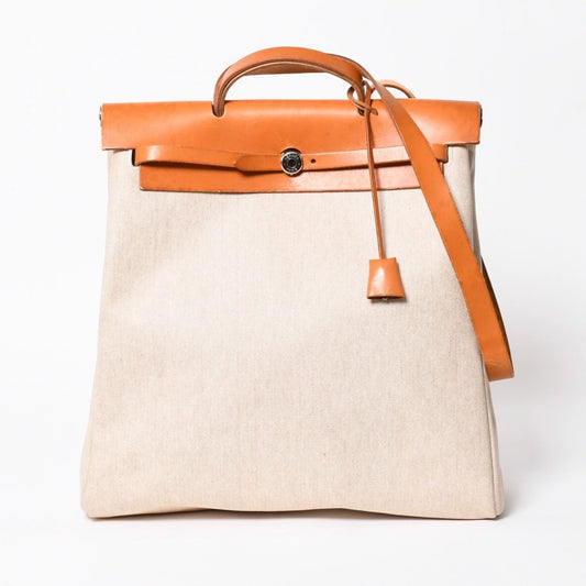 Hermes Herbag MM Toile H Box Calf Brown Beige Silver Handbag