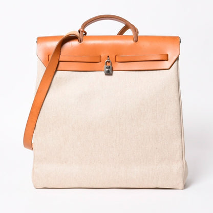 Hermes Herbag MM Toile H Box Calf Brown Beige Silver Handbag — view 2