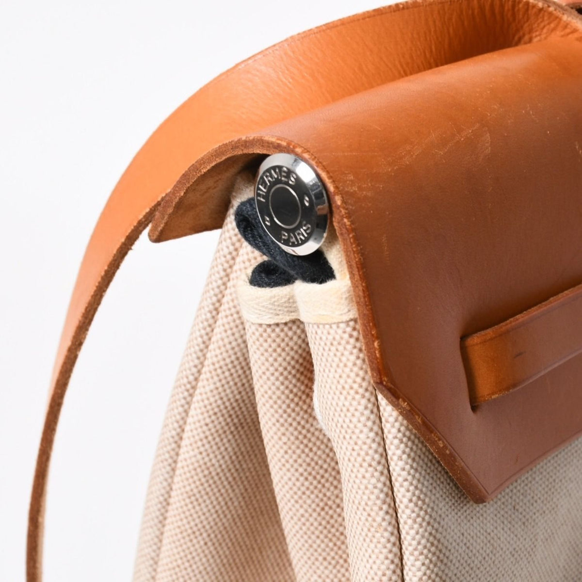 Hermes Herbag MM Toile H Box Calf Brown Beige Silver Handbag — view 5