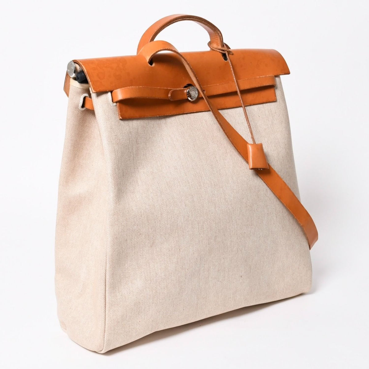 Hermes Herbag MM Toile H Box Calf Brown Beige Silver Handbag — view 3