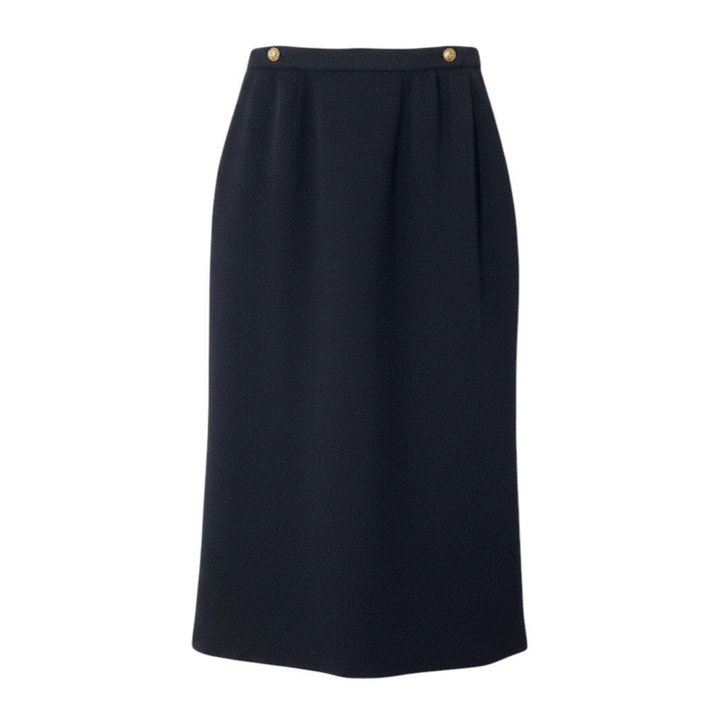 Chanel Wrap Skirt CC Logo Gold Button Black Wool 36