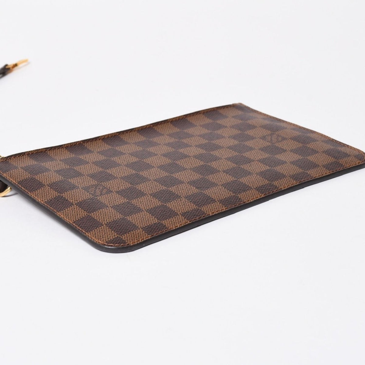 Louis Vuitton Neverfull Pouch Handbag Damier Ebene Brown Gold — view 5