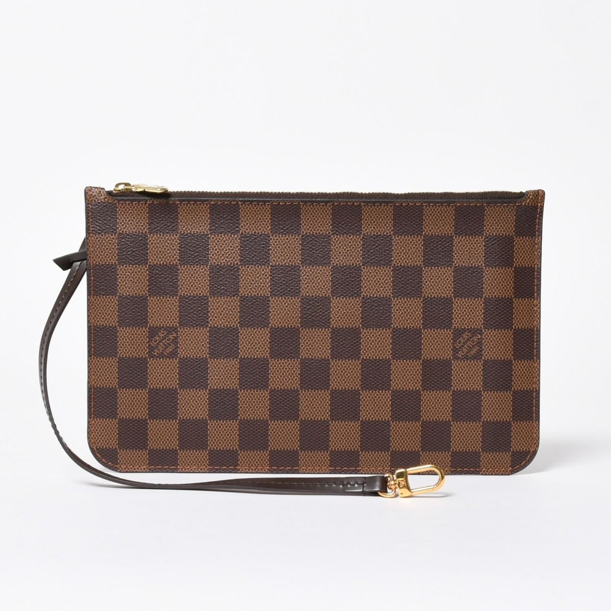 Louis Vuitton Neverfull Pouch Handbag Damier Ebene Brown Gold