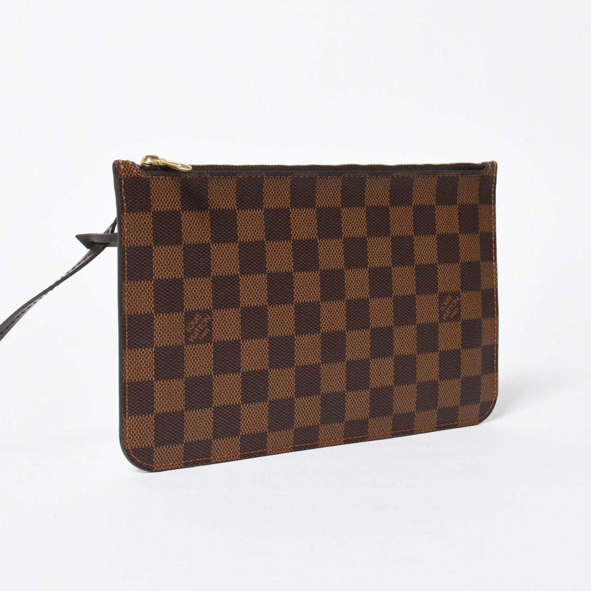 Louis Vuitton Neverfull Pouch Handbag Damier Ebene Brown Gold — view 3