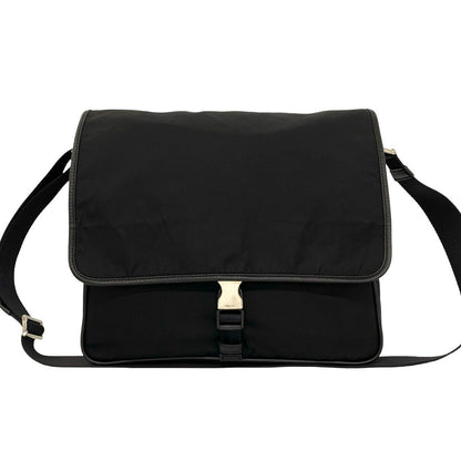 Prada Triangle Logo Tessuto Pocono Nylon Saffiano Leather Shoulder Bag Black — view 2