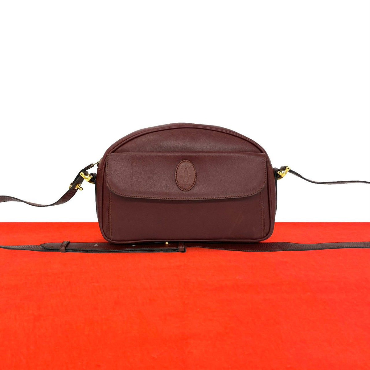 Cartier Vintage Must Line Leather Shoulder Bag Pochette Crossbody Bordeaux