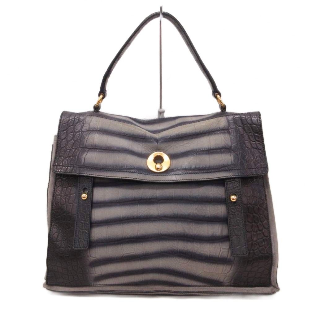 Saint Laurent Rive Gauche Muse Two Handbag Croco Embossed Leather Gray