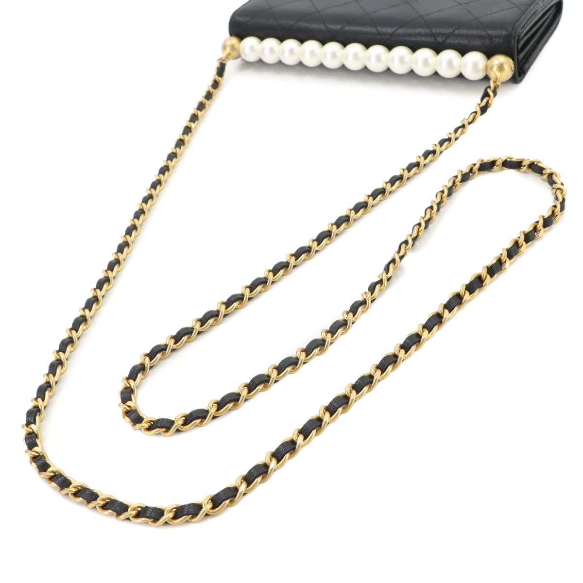 Chanel Quilted Chain Wallet Faux Pearl Leather Black Gold Shoulder Bag — view 6