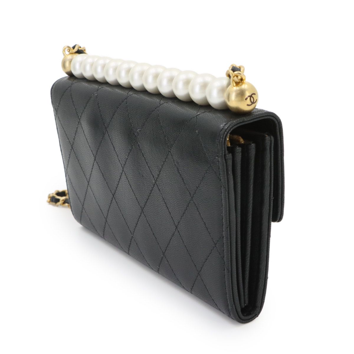 Chanel Quilted Chain Wallet Faux Pearl Leather Black Gold Shoulder Bag — view 4