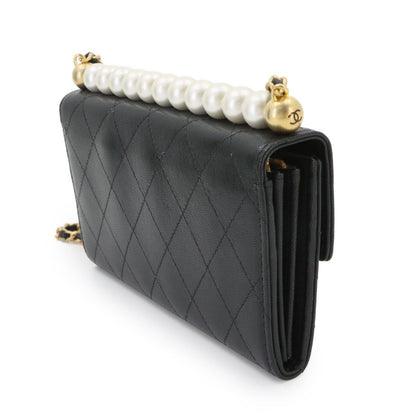 Chanel Quilted Chain Wallet Faux Pearl Leather Black Gold Shoulder Bag — view 4