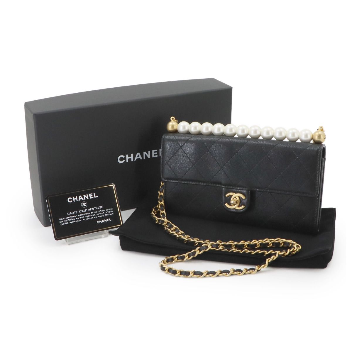 Chanel Quilted Chain Wallet Faux Pearl Leather Black Gold Shoulder Bag — view 2