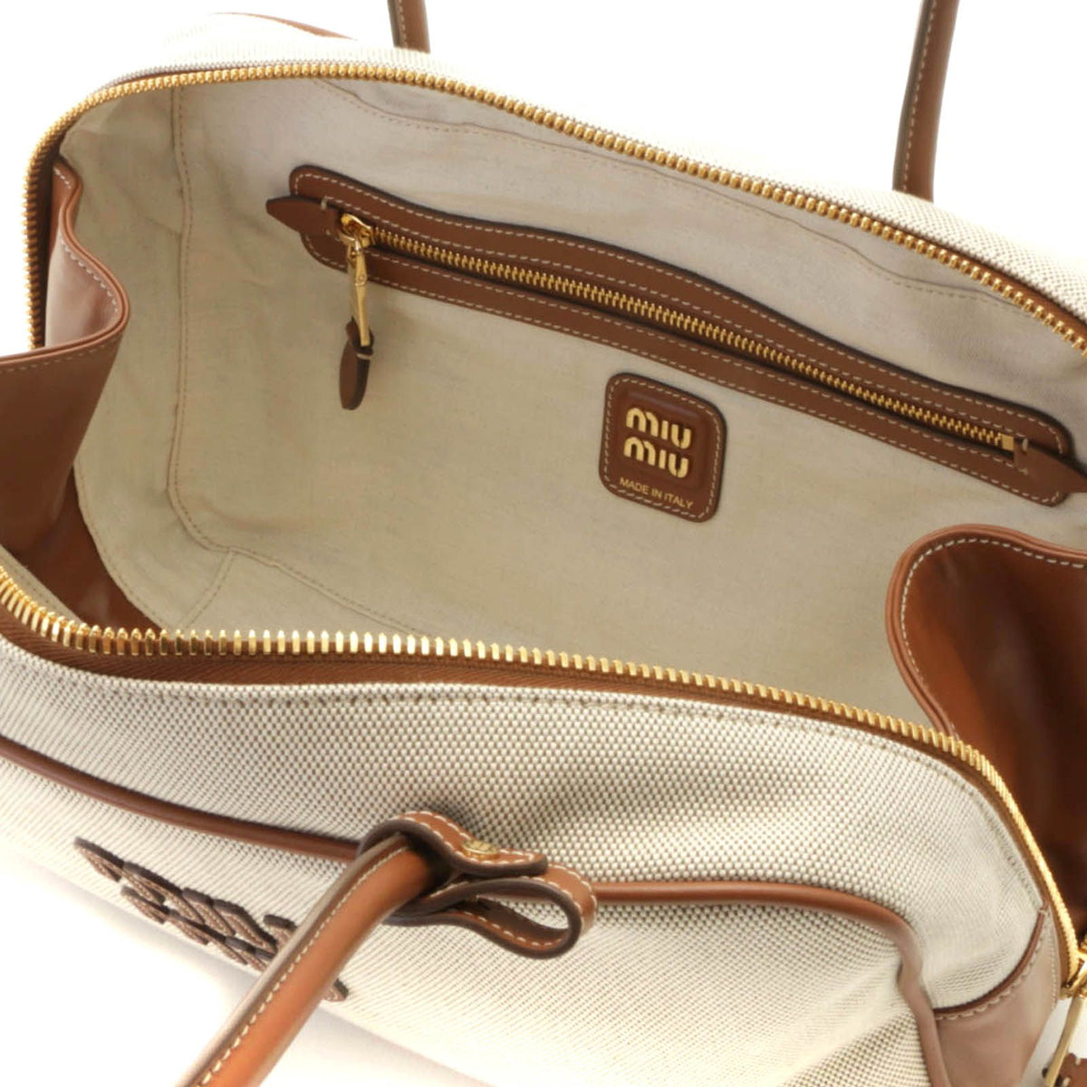 Miu Miu Top Handle Bag Natural Brown Canvas Leather Handbag — view 5