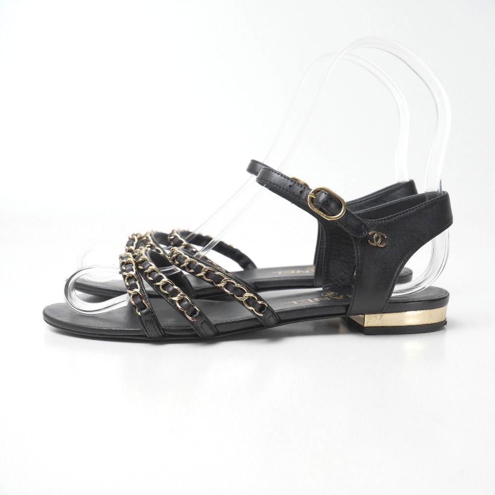 Chanel Sandals CC Logo Gold Chain Ankle Strap Flats — view 2