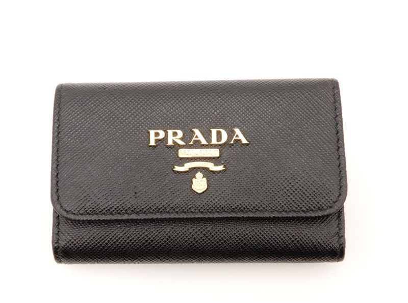 Prada Saffiano Key Case Leather Black Gold Key Holder