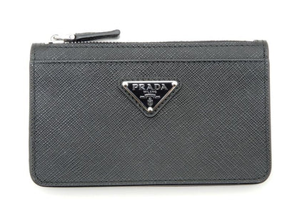 Prada Saffiano Fragment Case Leather Black Silver Card Holder