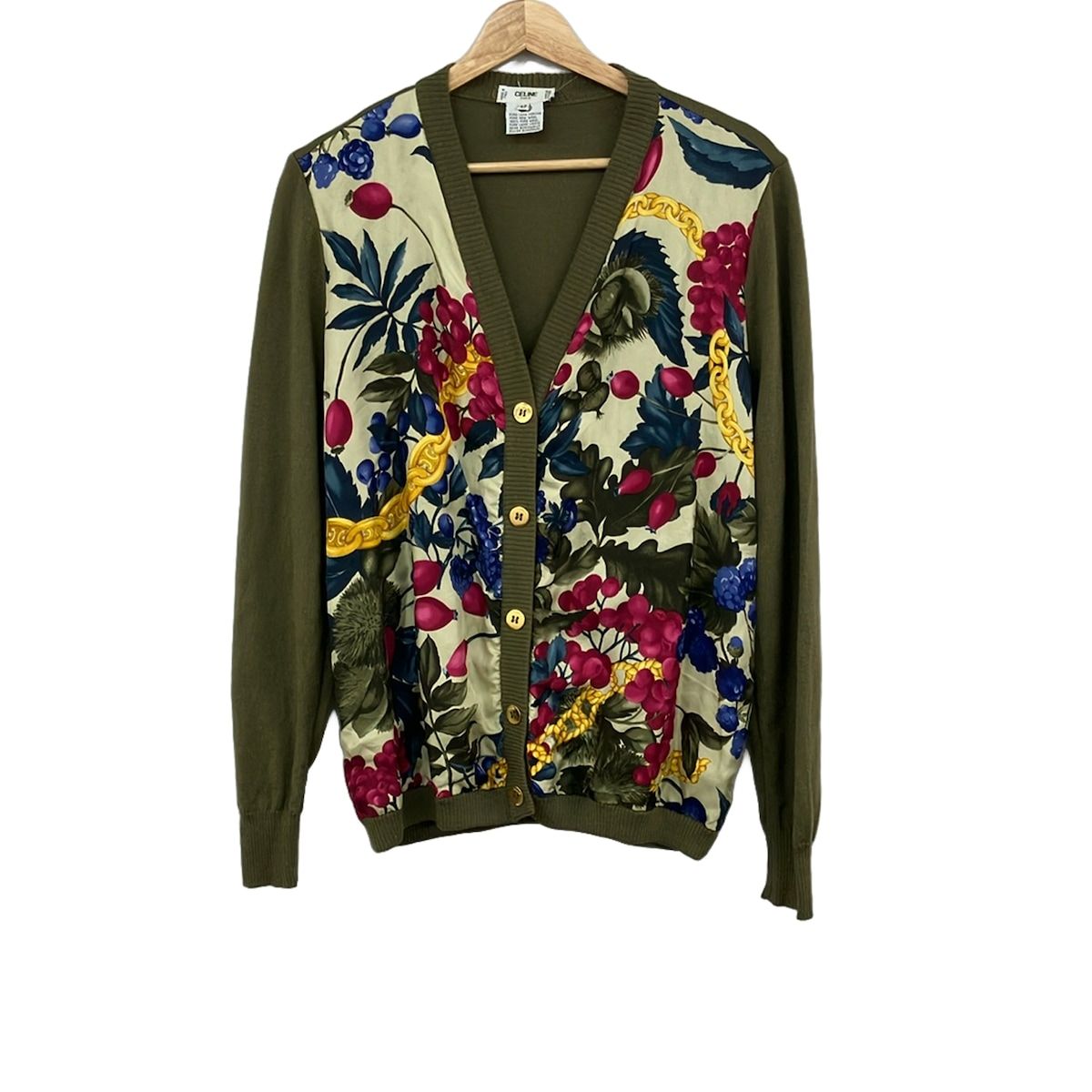 Celine Cardigan L Khaki Pink Multi Long Sleeve Floral Pattern