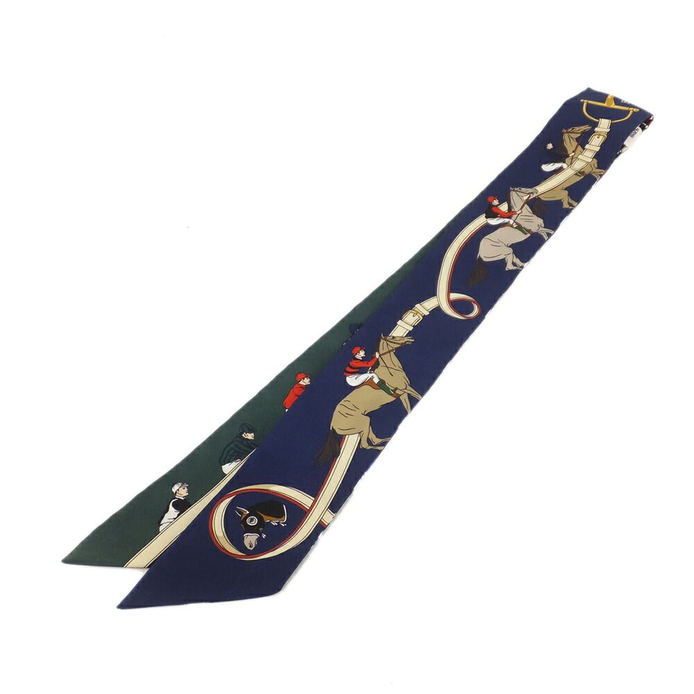 Hermes Twilly les Courses Turf Horse Racing Silk 100% Navy Green Motif