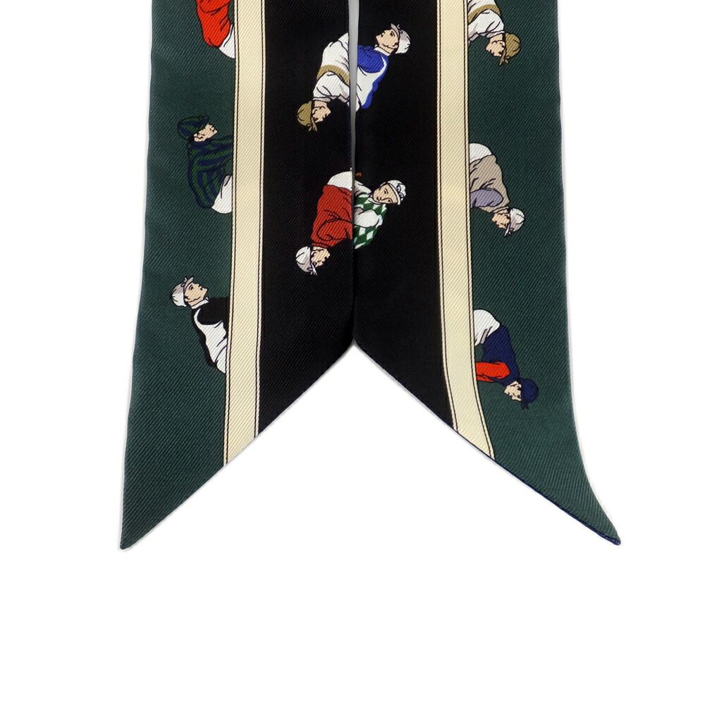 Hermes Twilly les Courses Turf Horse Racing Silk 100% Navy Green Motif — view 4