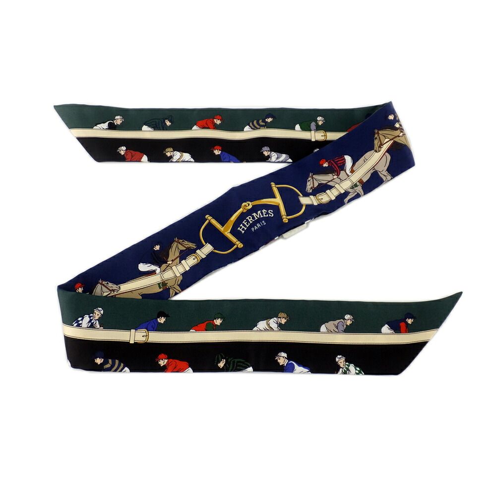 Hermes Twilly les Courses Turf Horse Racing Silk 100% Navy Green Motif — view 5