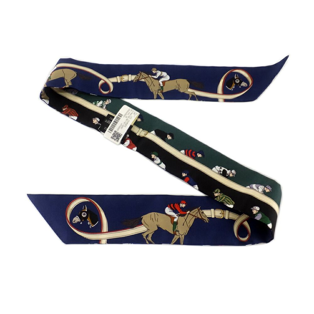 Hermes Twilly les Courses Turf Horse Racing Silk 100% Navy Green Motif — view 6