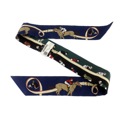 Hermes Twilly les Courses Turf Horse Racing Silk 100% Navy Green Motif — view 6