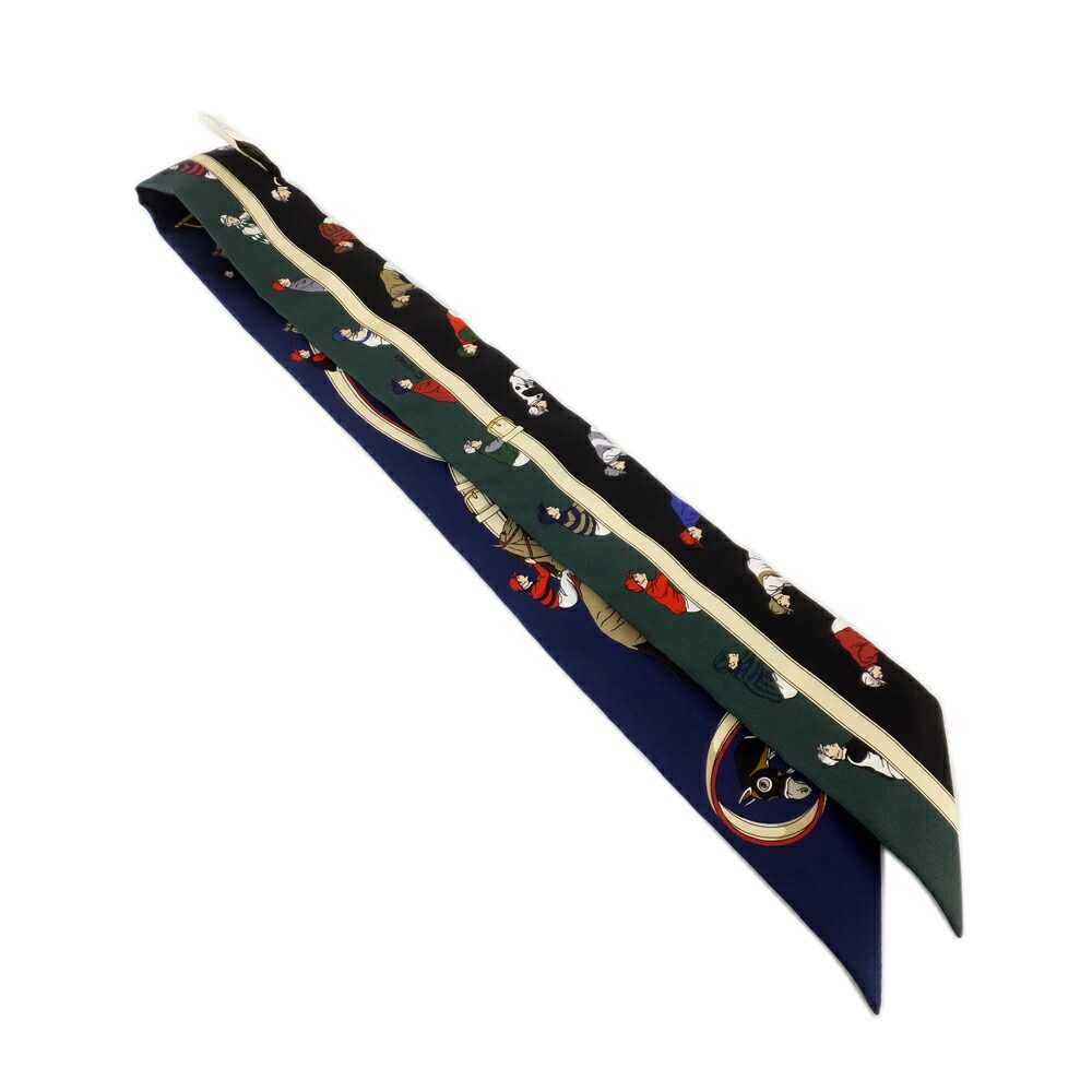 Hermes Twilly les Courses Turf Horse Racing Silk 100% Navy Green Motif — view 2