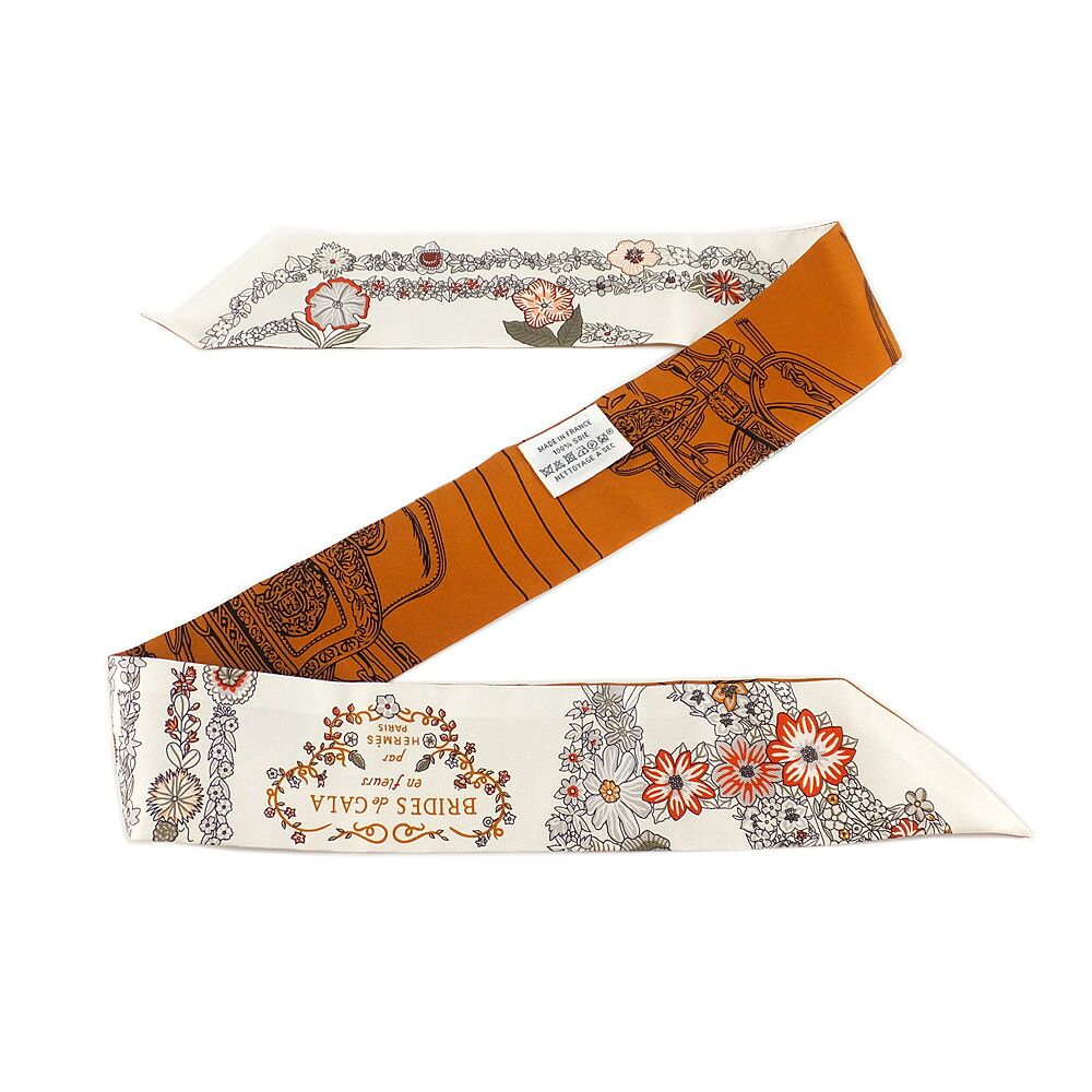 Hermes Twilly Brides de Gala en Fleurs & Eyeliner Silk 100% Vanille Orange — view 5