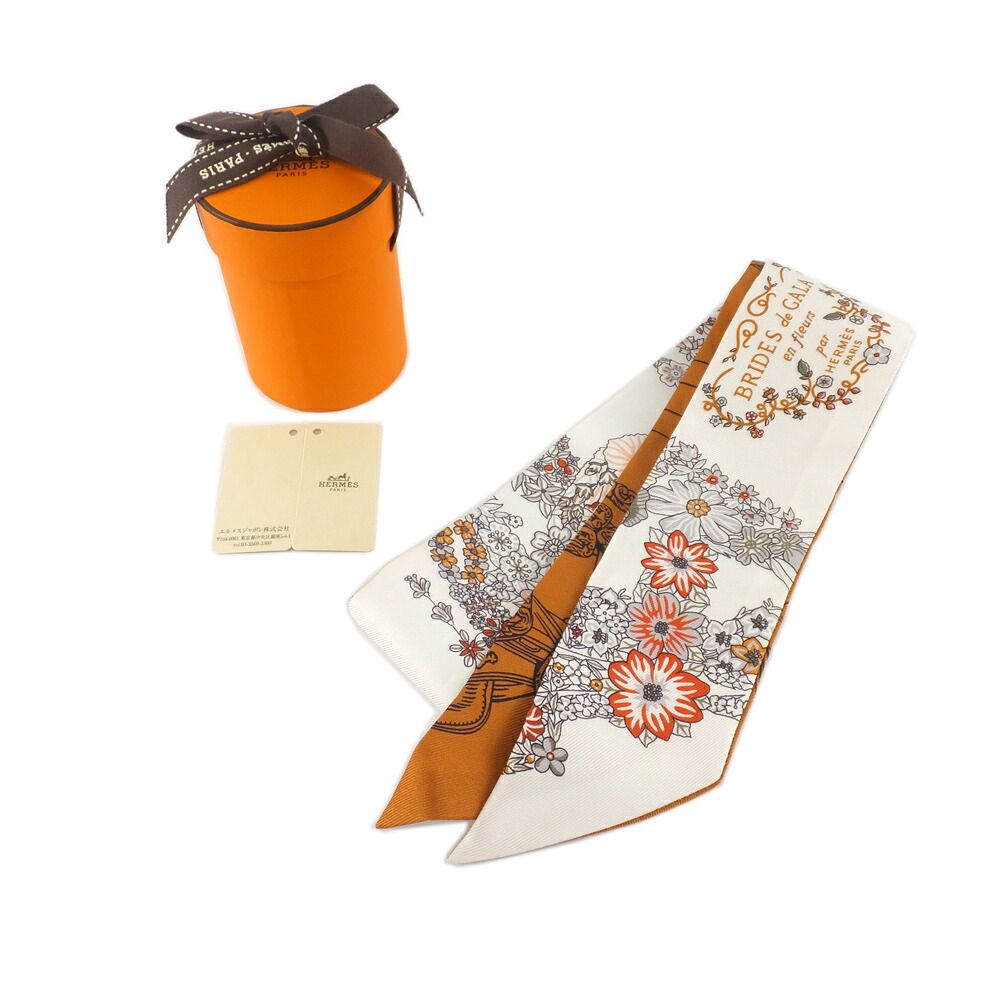 Hermes Twilly Brides de Gala en Fleurs & Eyeliner Silk 100% Vanille Orange — view 8