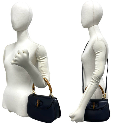 Gucci Vintage Bamboo Leather 2-Way Shoulder Bag Navy — view 2