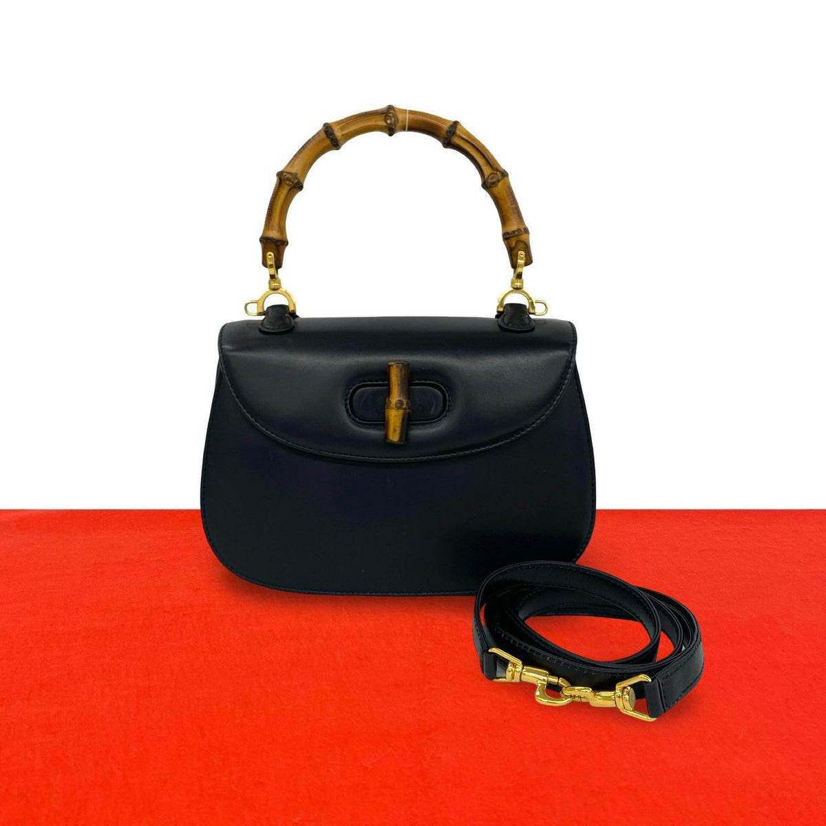 Gucci Vintage Bamboo Leather 2-Way Shoulder Bag Navy