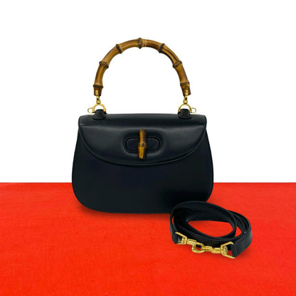 Gucci Vintage Bamboo Leather 2-Way Shoulder Bag Navy
