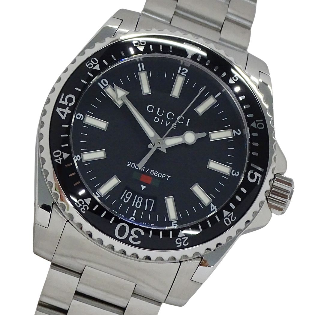 Gucci Clock Dive Date Quartz Stainless SS 136.3 Silver Black Watch