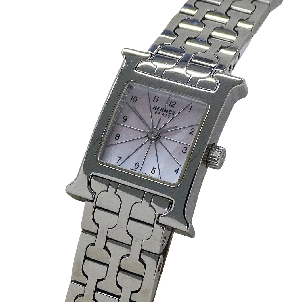 Hermes Watch H Mini Pink Shell Quartz Stainless Steel Silver