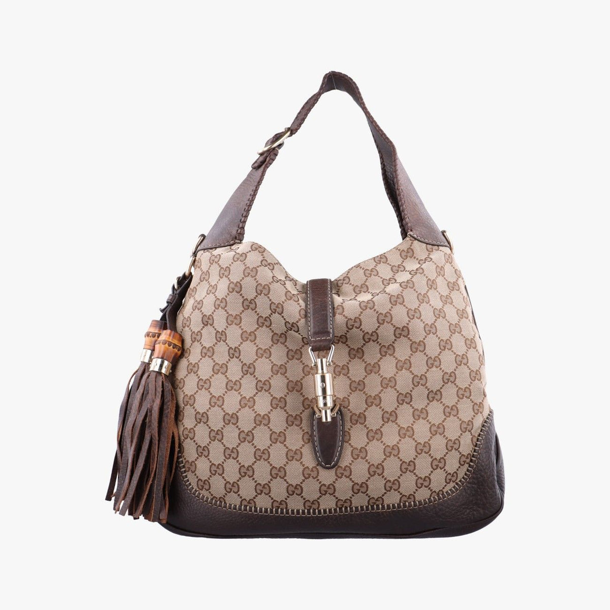 Gucci New Jackie Beige Brown Canvas Leather Shoulder Bag