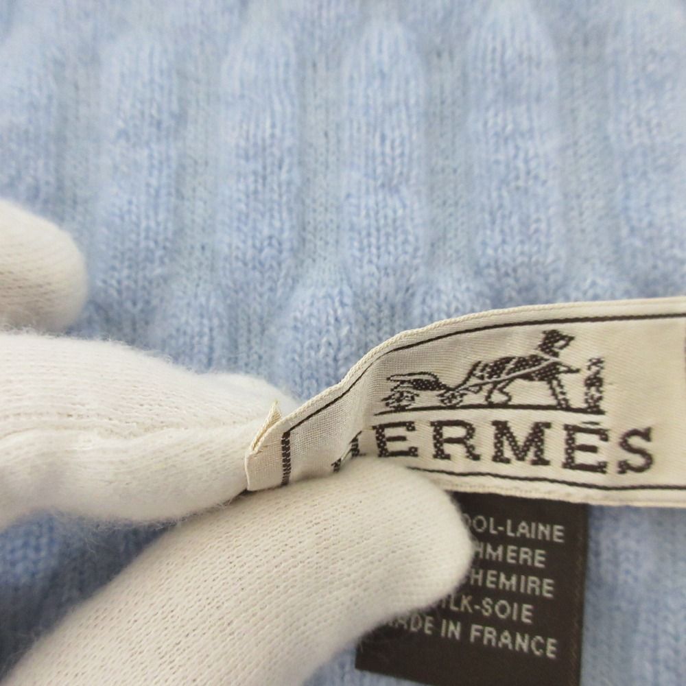 Hermes Cashmere Silk Blend Cable Knit Scarf Light Blue Sweater — view 6