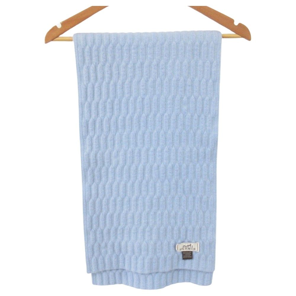 Hermes Cashmere Silk Blend Cable Knit Scarf Light Blue Sweater