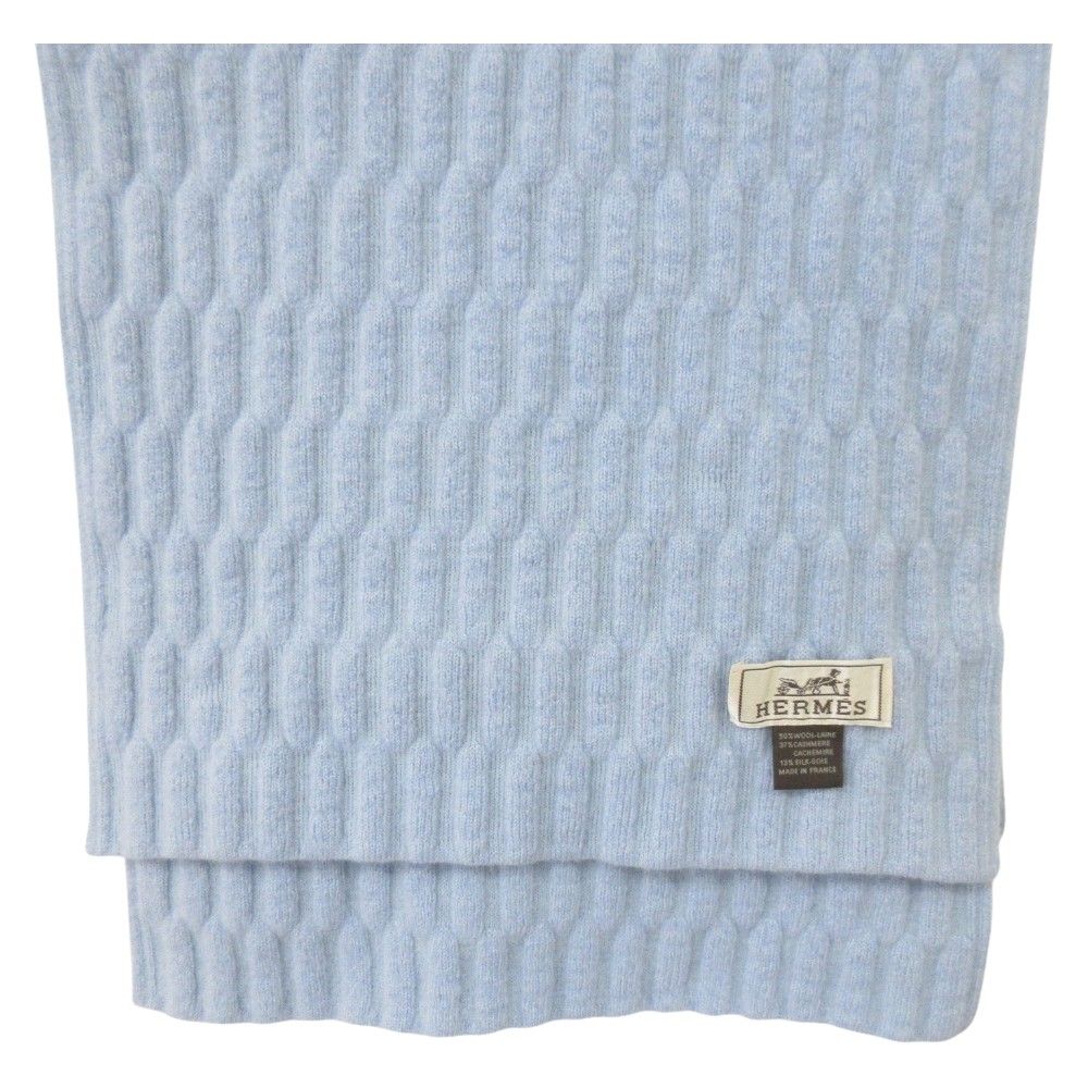 Hermes Cashmere Silk Blend Cable Knit Scarf Light Blue Sweater — view 3