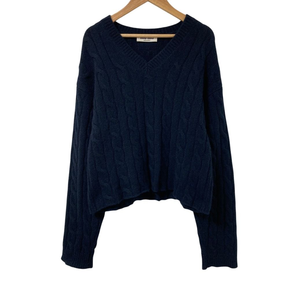Miu Miu Back Logo Embroidery Cable Knit Cashmere Sweater Navy Autumn Winter 36