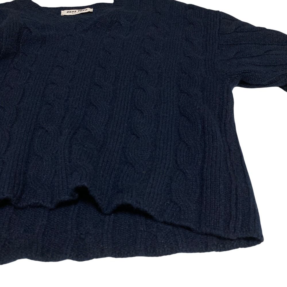 Miu Miu Back Logo Embroidery Cable Knit Cashmere Sweater Navy Autumn Winter 36 — view 6