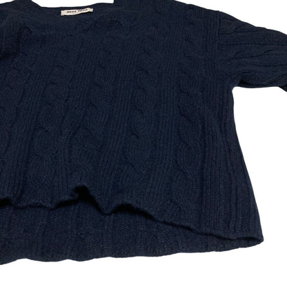 Miu Miu Back Logo Embroidery Cable Knit Cashmere Sweater Navy Autumn Winter 36 — view 6