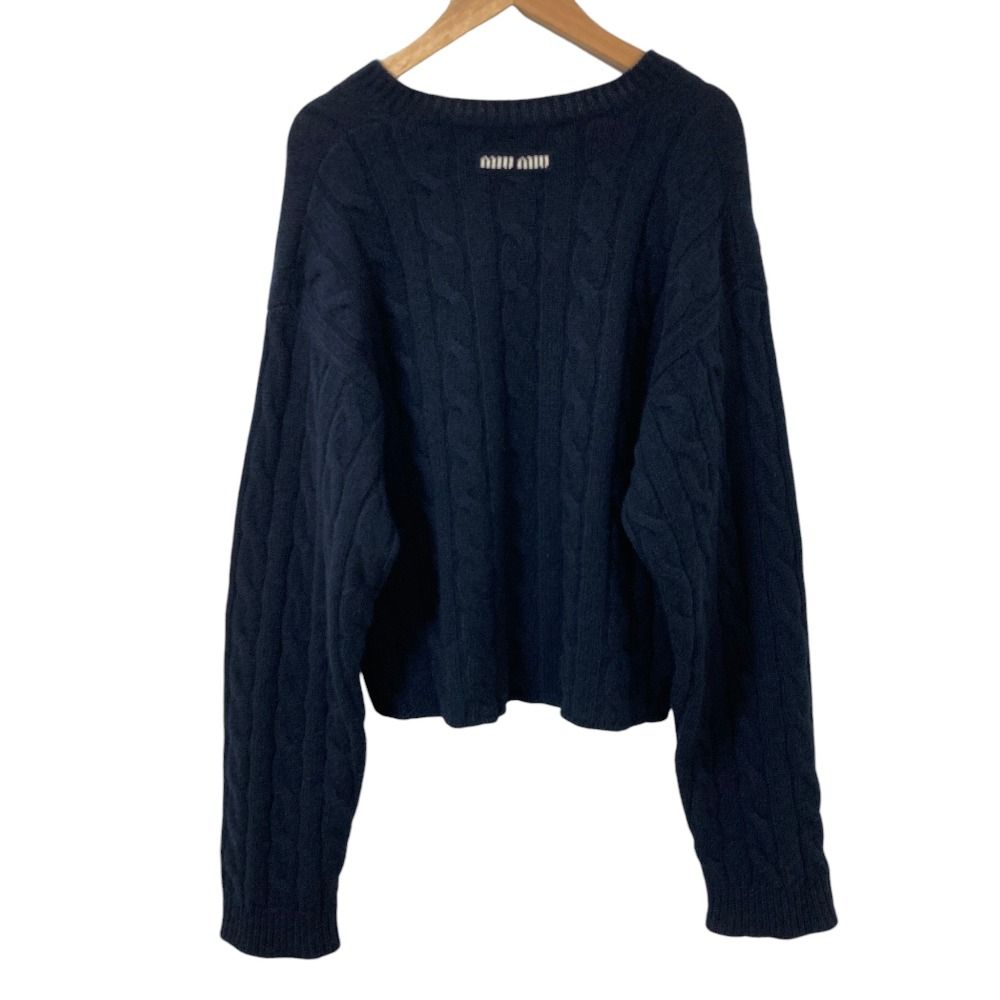 Miu Miu Back Logo Embroidery Cable Knit Cashmere Sweater Navy Autumn Winter 36 — view 2