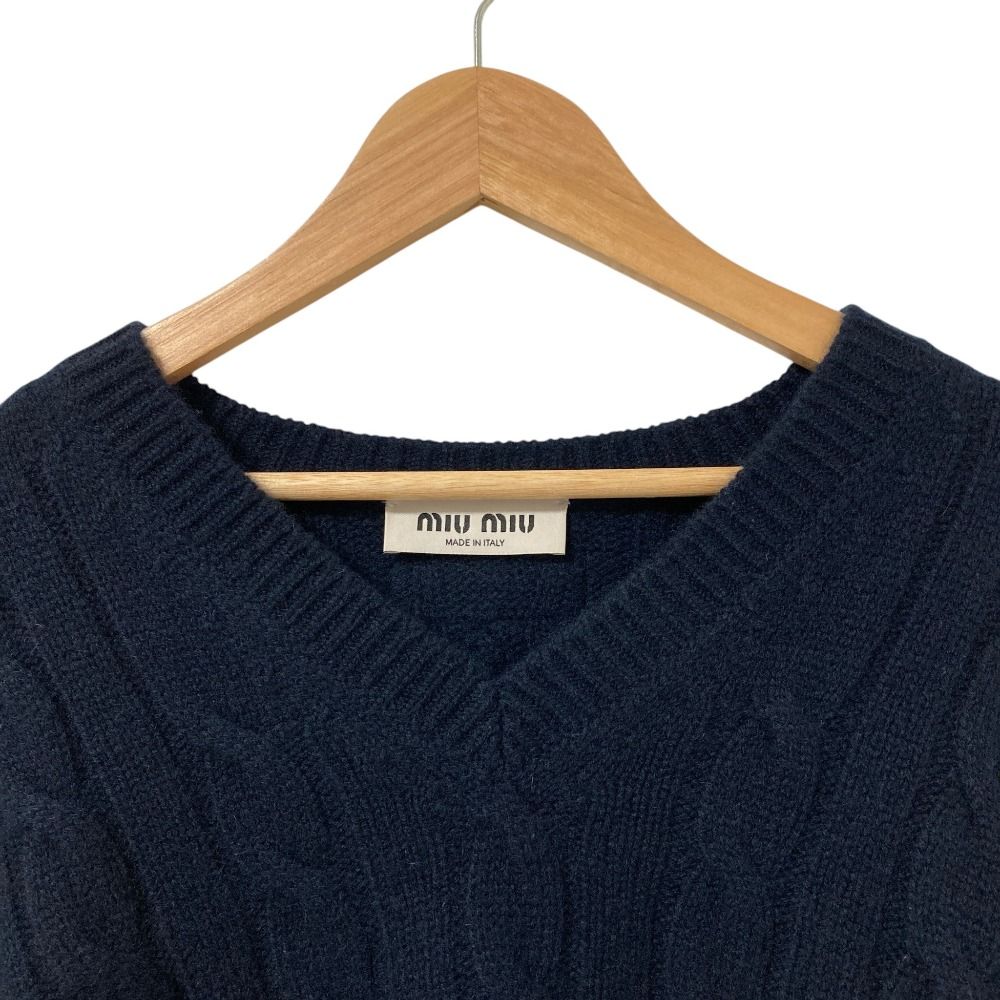 Miu Miu Back Logo Embroidery Cable Knit Cashmere Sweater Navy Autumn Winter 36 — view 3